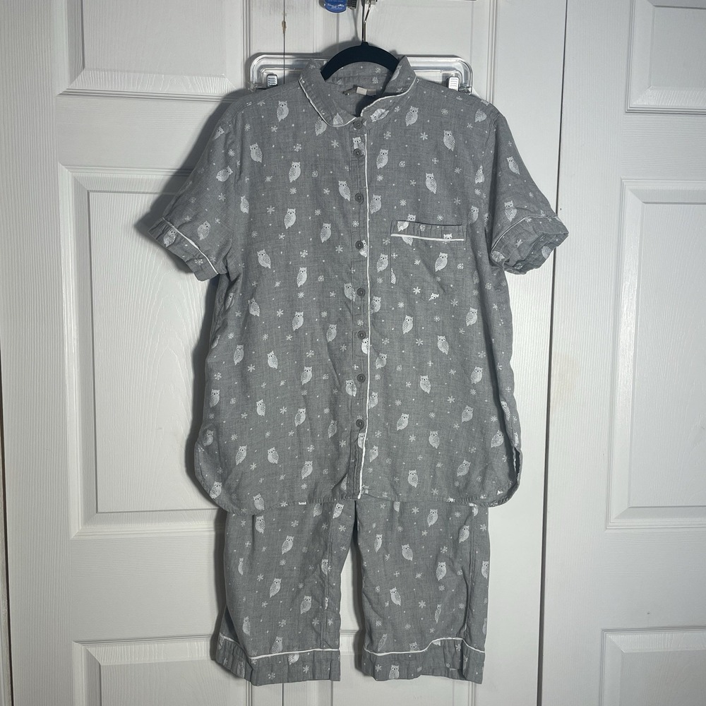 LOFT Sleep Cotton Blend Pajama Set Women L Gray Owls Short Sleeve Top Long Pants - Picture 1 of 11